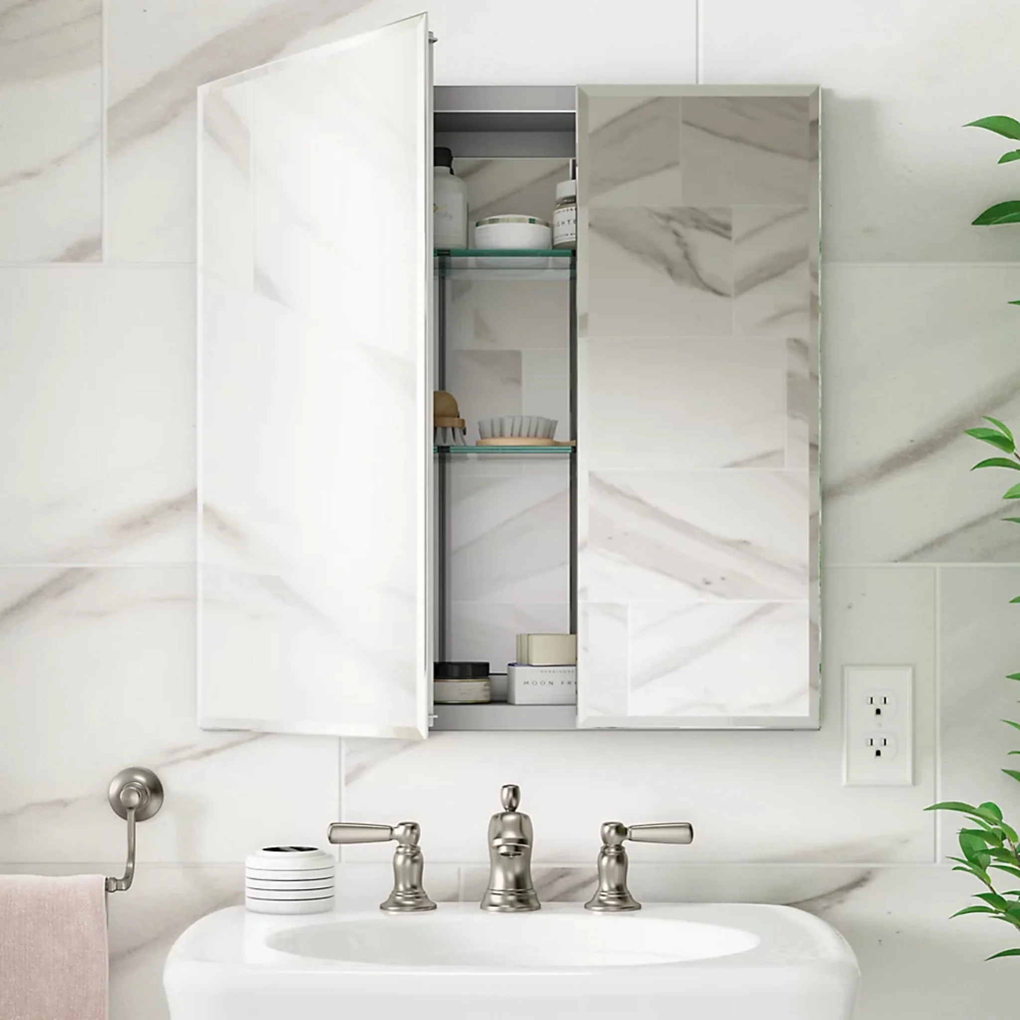 25 X 26 INCHES ALUMINUM TWO-DOOR MEDICINE CABINET WITH MIRRORED DOORS AND BEVELED EDGES - Image 3