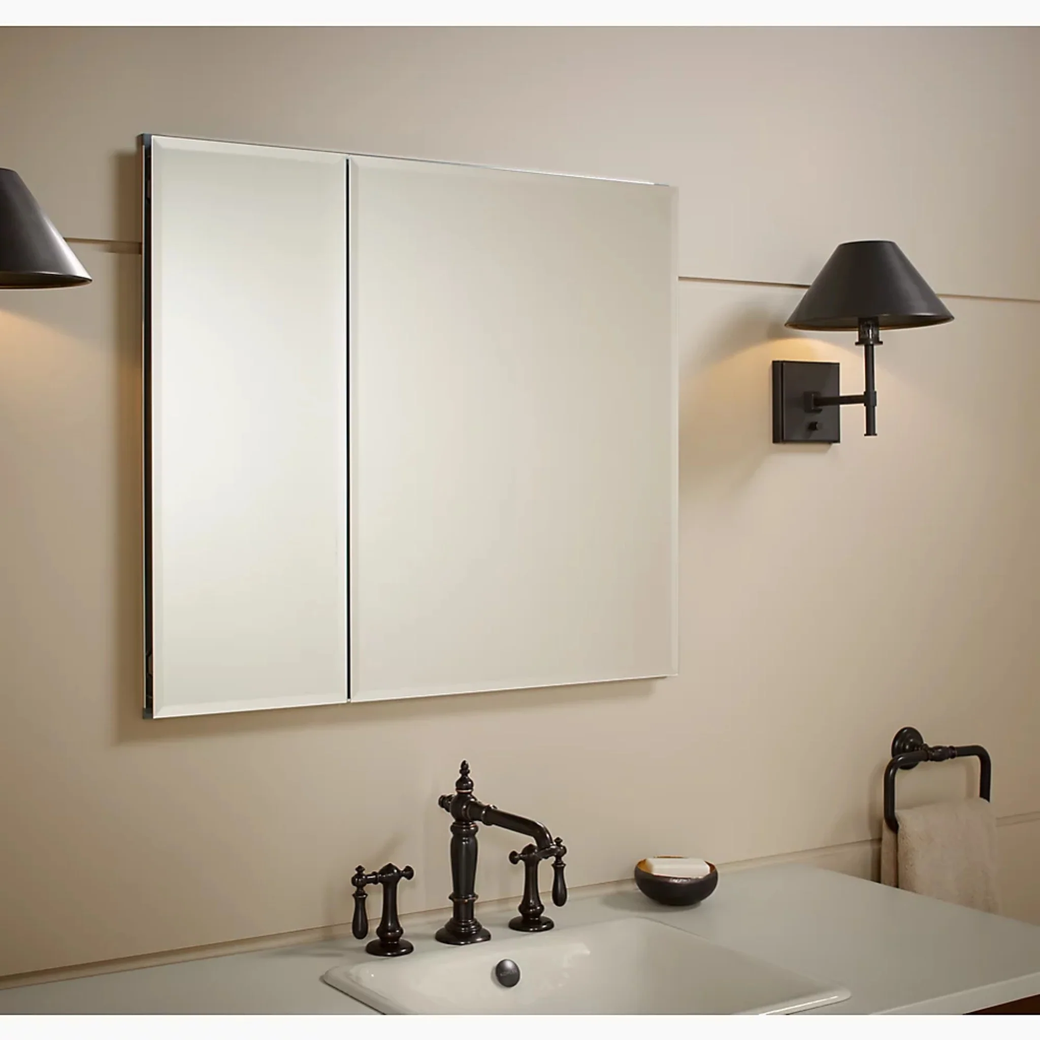 30 X 26 INCHES ALUMINUM TWO-DOOR MEDICINE CABINET WITH MIRRORED DOORS AND BEVELED EDGES - Image 2